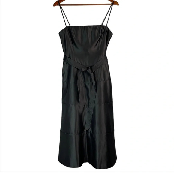 BCBGMAXAZRIA Satin Tied Cocktail Midi Dress Black Crinoline Spaghetti Strap 6 - Picture 2 of 12